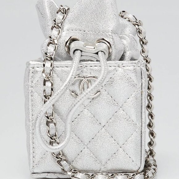 Chanel Metallic Silver Quilted Leather Mini Drawstring CC Bucket Bag - Picture 1 of 12